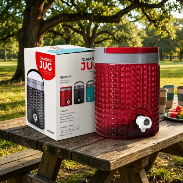Premium red Diamond Jug beverage dispenser is excellent for stylish outdoor picnics.