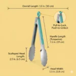 Professional kitchen tongs with measurement guide and locking mechanism dimensions displayed.