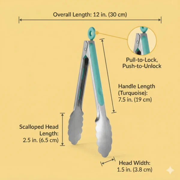 Professional kitchen tongs with measurement guide and locking mechanism dimensions displayed.