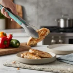 Heavy-duty kitchen tongs lifting grilled chicken breast during serving in modern kitchen.