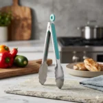 Premium silicone grip kitchen tongs displayed on countertop in elegant modern kitchen.