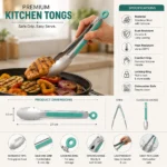 Premium stainless steel kitchen tongs with silicone grip, dimensions, features and usage specifications.