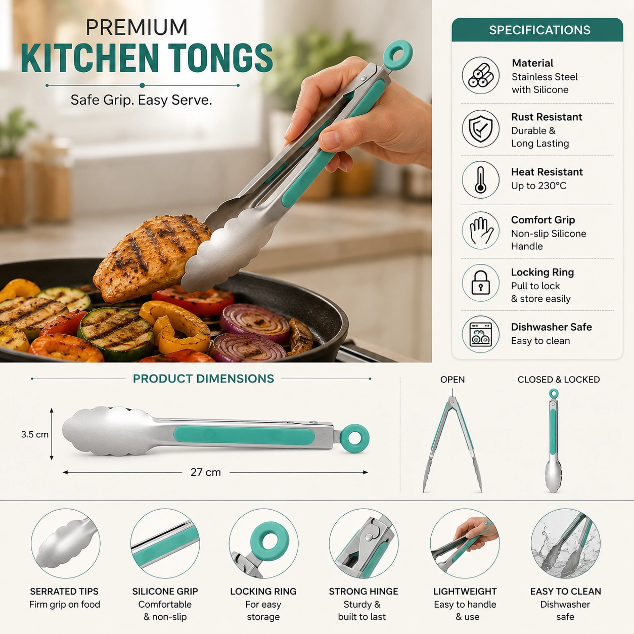 Premium stainless steel kitchen tongs with silicone grip, dimensions, features and usage specifications.