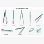 Durable kitchen tongs displayed from multiple angles highlighting grip, lock and design.