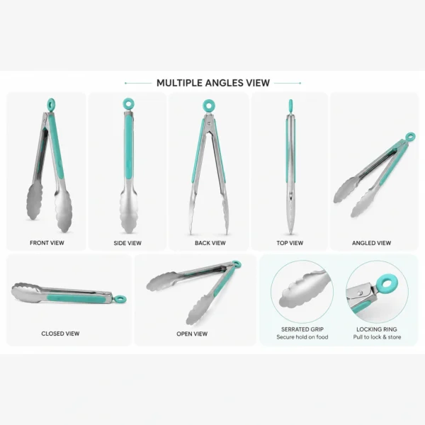 Durable kitchen tongs displayed from multiple angles highlighting grip, lock and design.