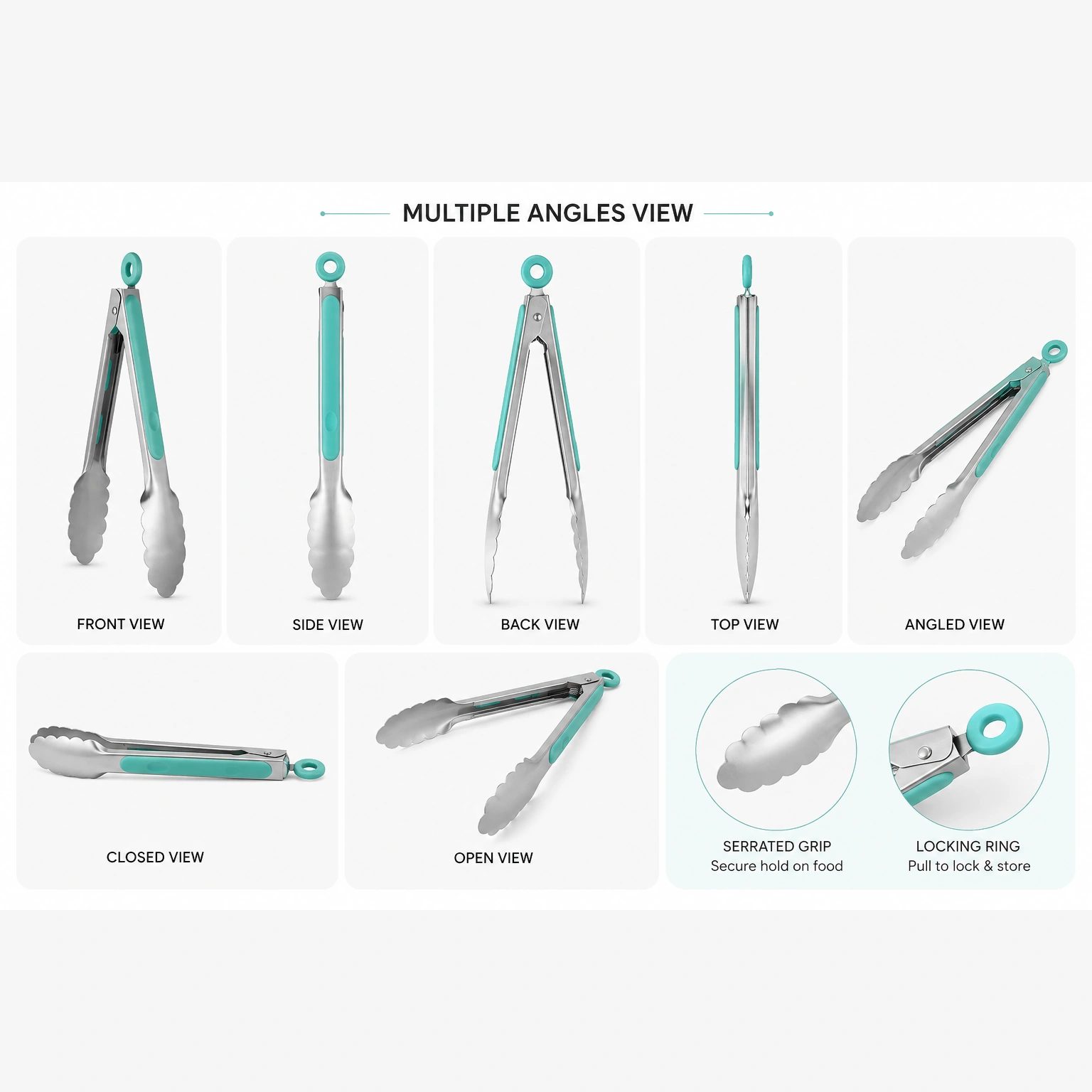 Durable kitchen tongs displayed from multiple angles highlighting grip, lock and design.