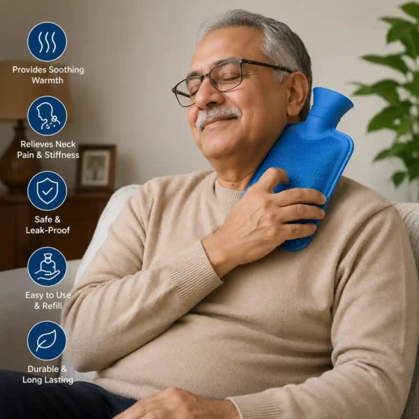 Elderly man using blue hot water bottle comfortably