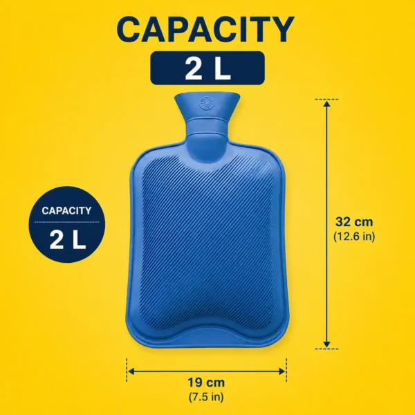 Blue hot water bottle showing capacity and product dimension