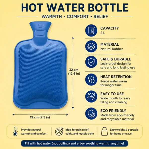 Blue hot water bottle with capacity and specifications displayed