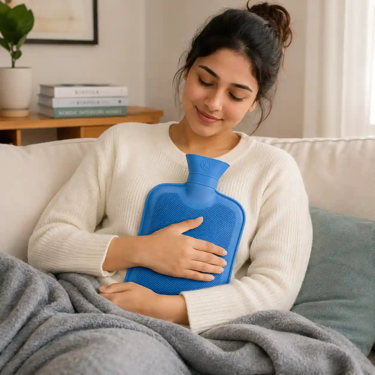 Woman holding blue hot water bottle for warmth indoors