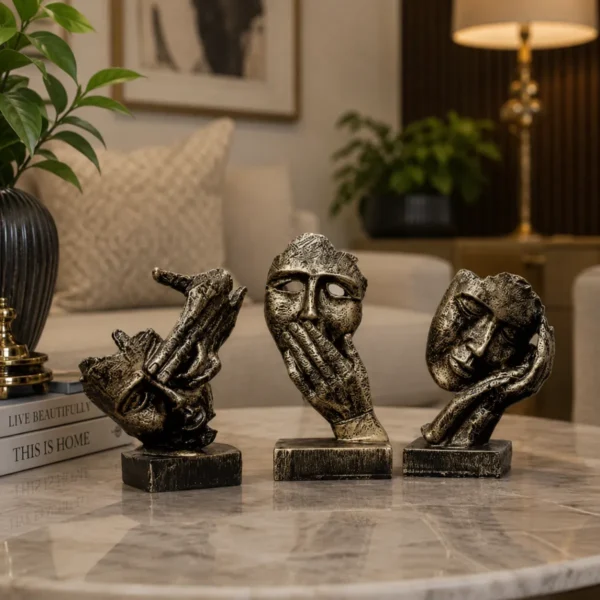 Set of 3 human face decorative showpieces resin displayed on elegant living room table décor