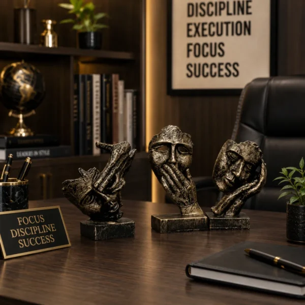 Modern resin human face decorative showpieces placed on luxury office desk setup