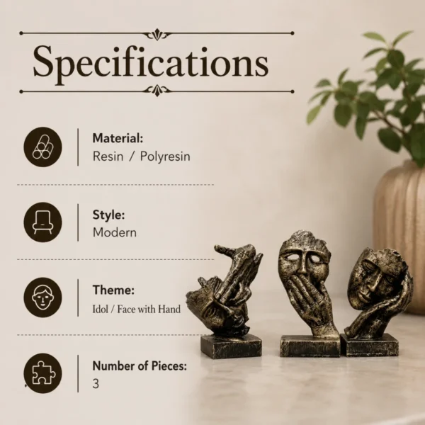 Specifications image of set of 3 human face decorative showpieces resin with modern artistic design details