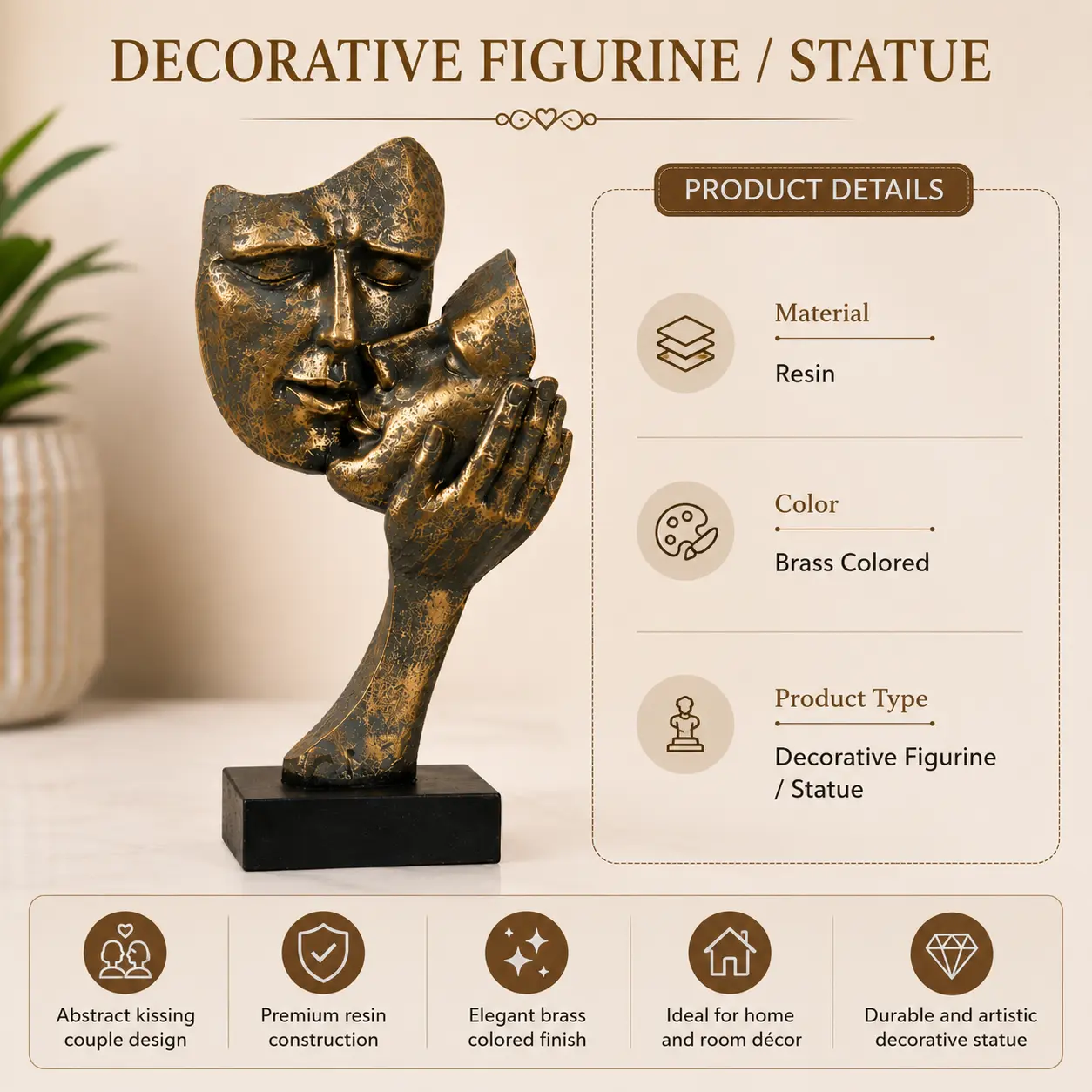 Decorative figurine statue resin material and brass color details