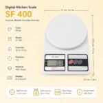 Premium SF-400 digital kitchen scale with dimensions, high accuracy and 10kg capacity.