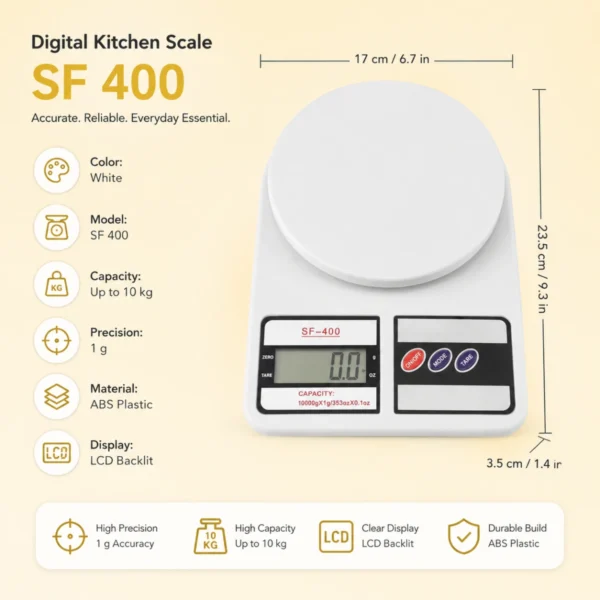 Premium SF-400 digital kitchen scale with dimensions, high accuracy and 10kg capacity.