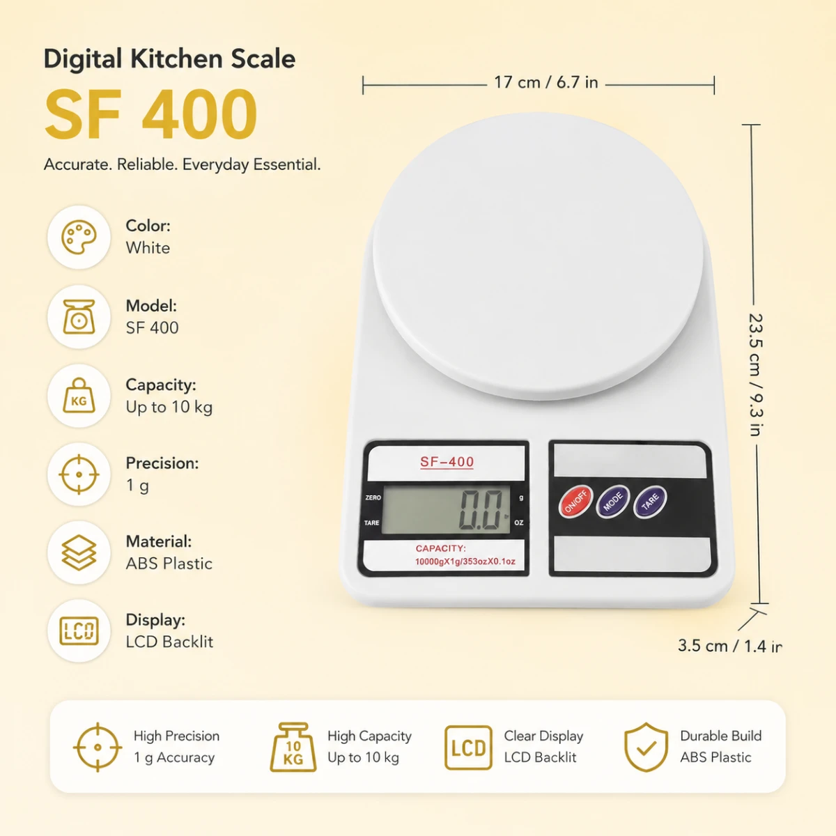 Premium SF-400 digital kitchen scale with dimensions, high accuracy and 10kg capacity.