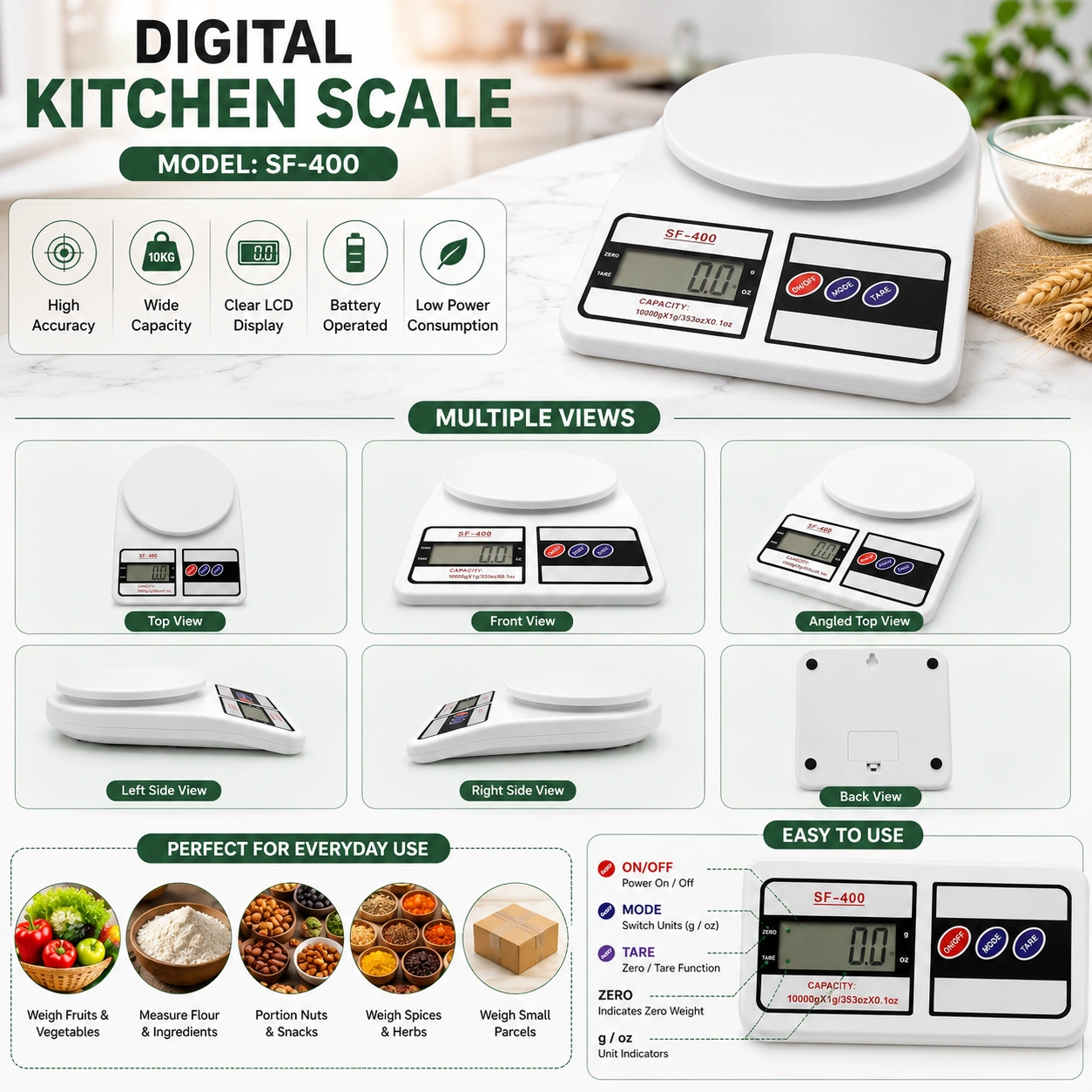 Professional SF-400 kitchen scale showcasing front, side, top and back views.
