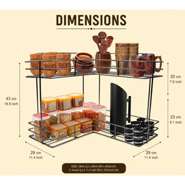 Premium 2-tier corner storage rack with dimensions and storage capacity details.