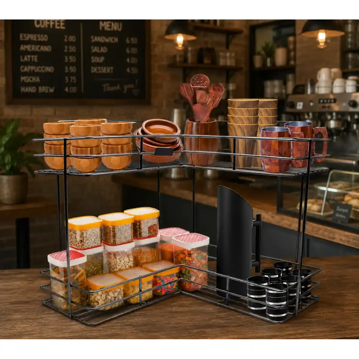 Elegant 2-tier corner storage rack organizing containers and kitchen accessories in café.