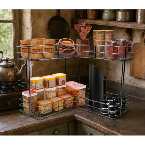 Durable 2-tier corner storage rack placed in traditional kitchen countertop space.