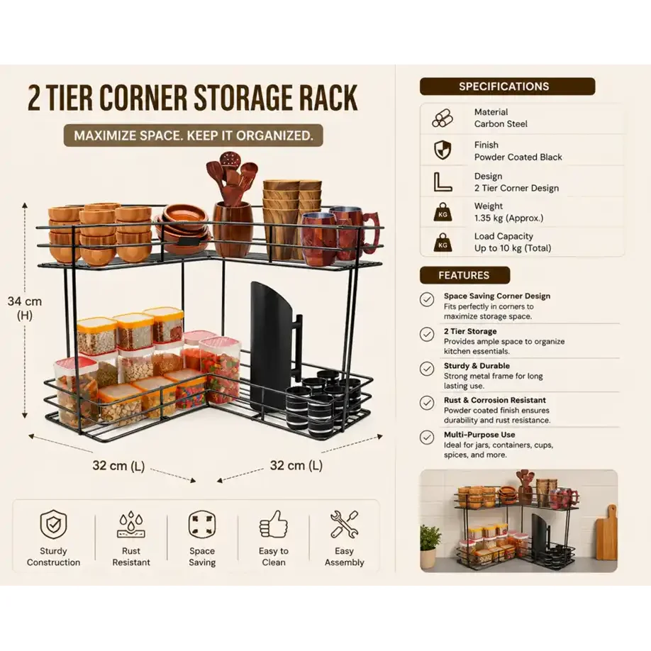 Premium 2-tier corner storage rack with specifications, sturdy metal frame and space-saving design.