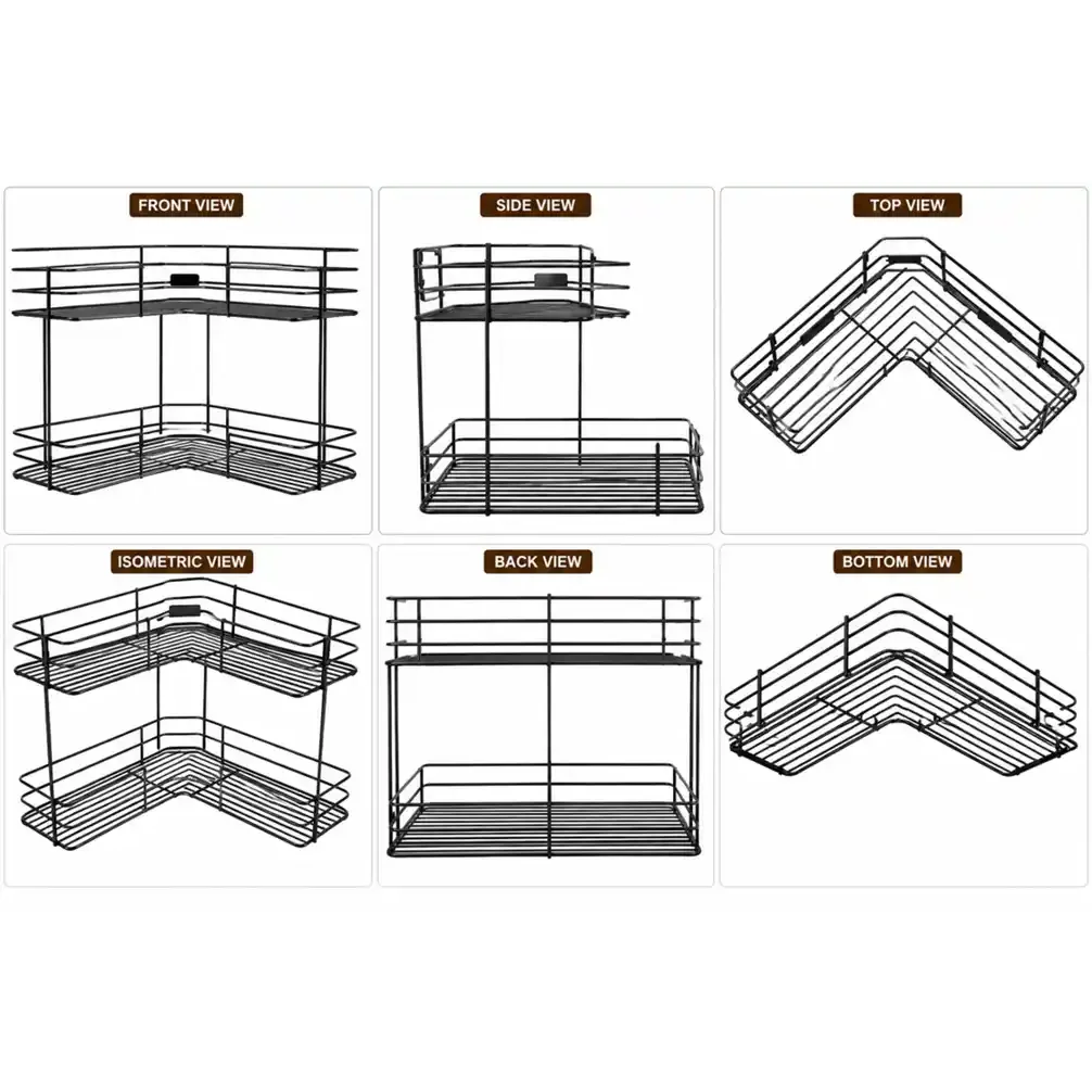 Multi-angle views of premium 2-tier corner storage rack showing complete product design.
