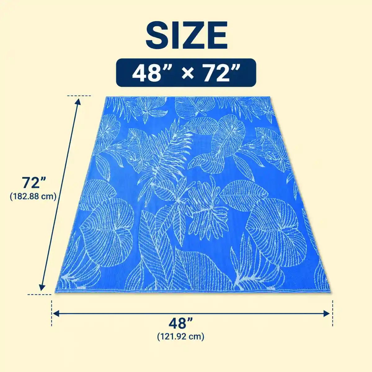Blue picnic mat with clear size dimensions displayed