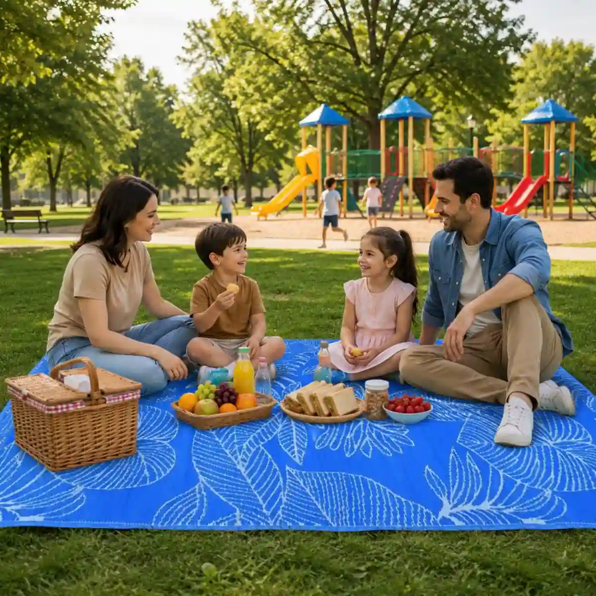 Family enjoying picnic on premium blue outdoor mat
