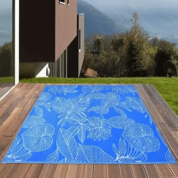 Premium blue picnic mat on outdoor wooden deck