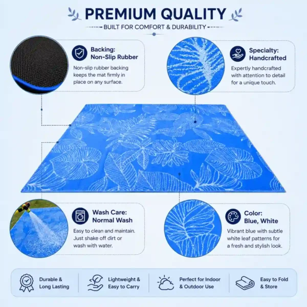 Premium blue picnic mat highlighting key quality features