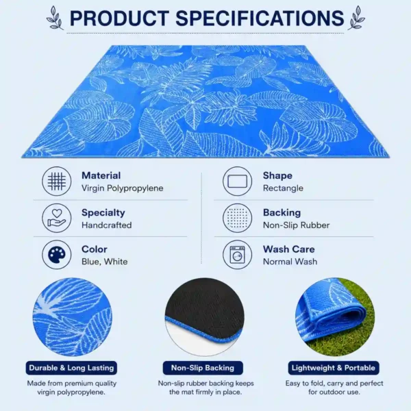Blue picnic mat with detailed product specifications shown