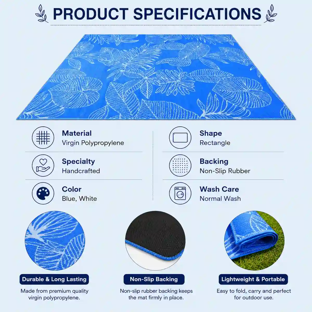 Blue picnic mat with detailed product specifications shown
