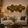 Leaf round panel decorative wall showpiece with warm LED lighting displayed in elegant modern living room interior