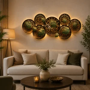 Leaf round panel decorative wall showpiece with warm LED lighting displayed in elegant modern living room interior