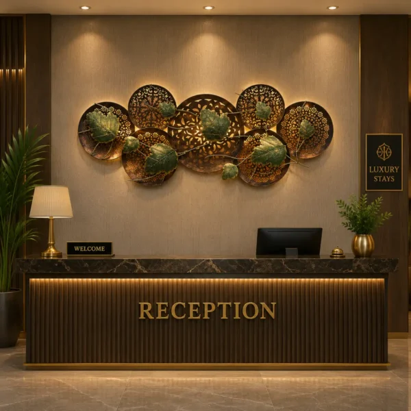 Elegant leaf round panel decorative wall showpiece with warm LED lighting in luxury hotel reception