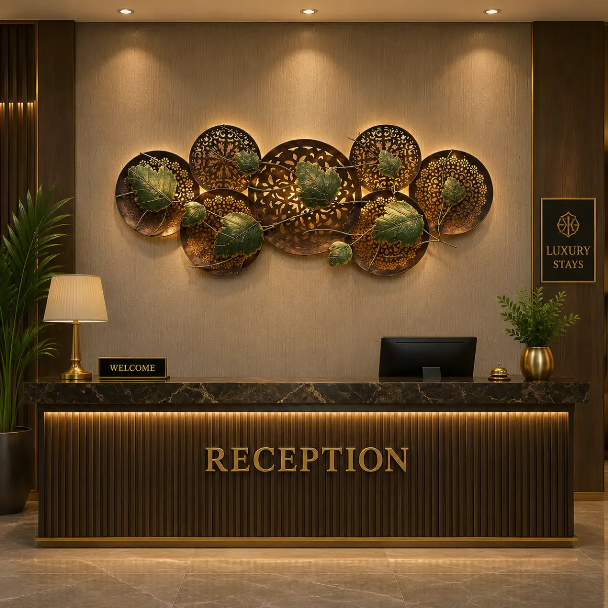Elegant leaf round panel decorative wall showpiece with warm LED lighting in luxury hotel reception