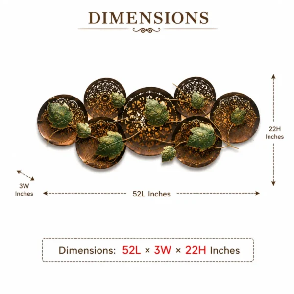 Leaf round panel decorative showpiece dimensions image showing 52L x 3W x 22H inches metal wall décor
