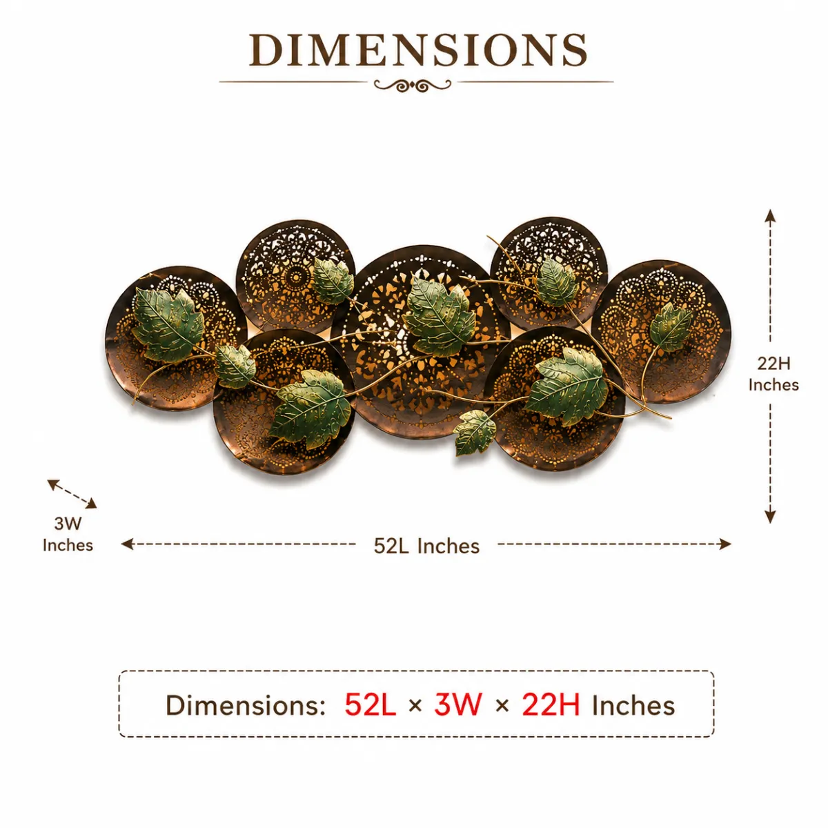 Leaf round panel decorative showpiece dimensions image showing 52L x 3W x 22H inches metal wall décor