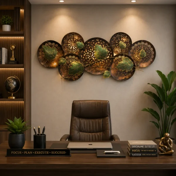 Leaf round panel decorative wall showpiece with LED lights displayed in modern office interior