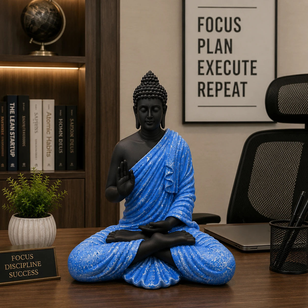 Blue and black Lord Gautam Buddha meditation statue placed on modern office desk for peaceful decor