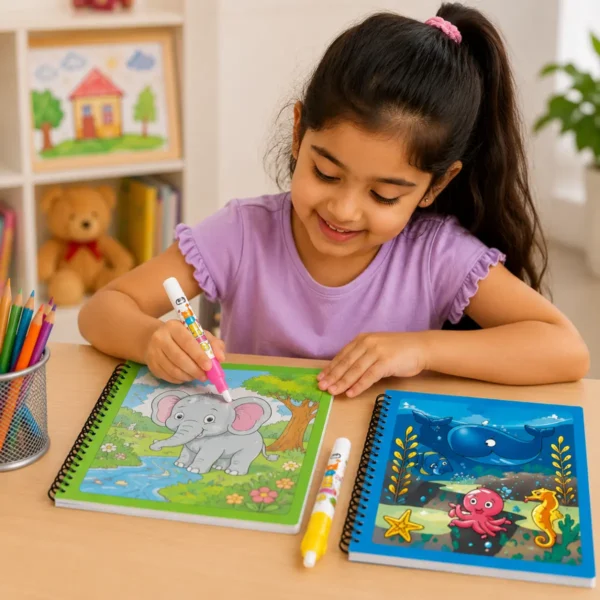 Child practicing drawing and coloring with Magic Water Book and refillable water pens