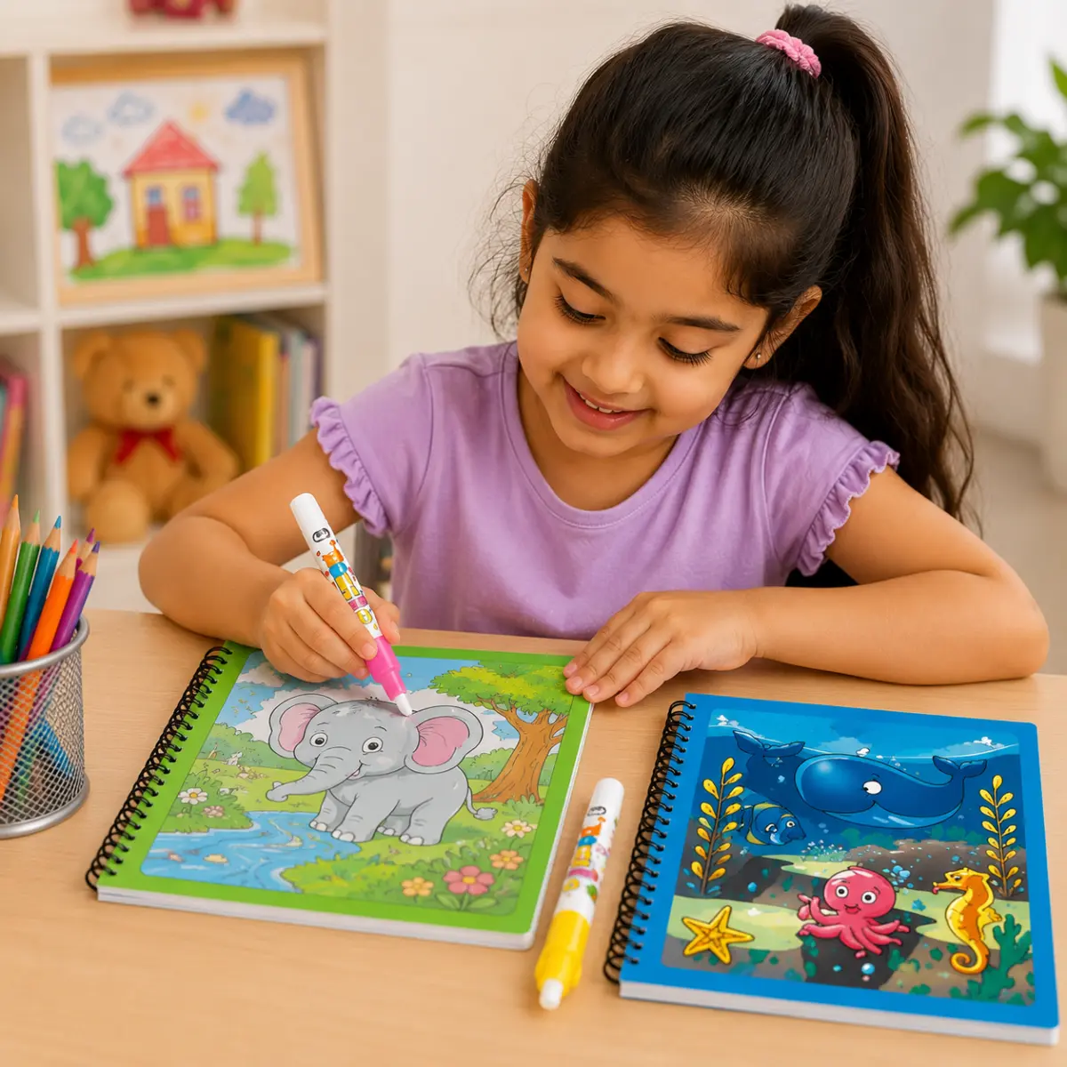Child practicing drawing and coloring with Magic Water Book and refillable water pens