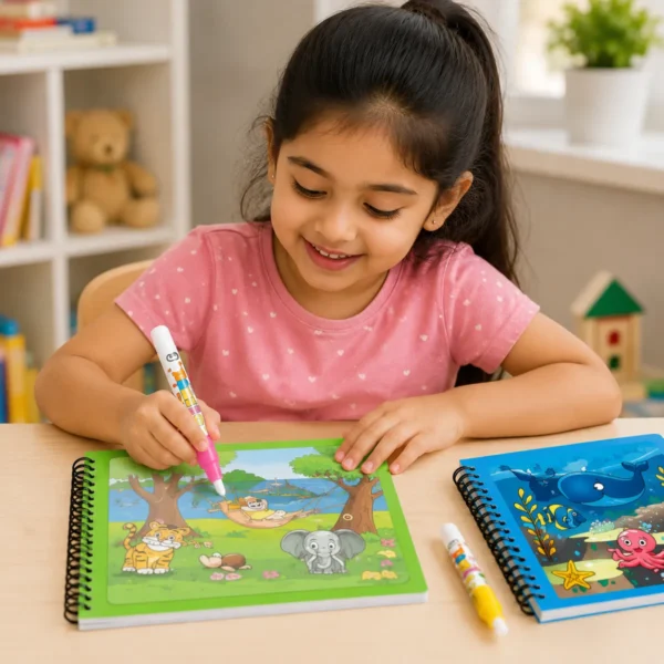 Kids using Magic Water Book for fun learning activity and creative education practice