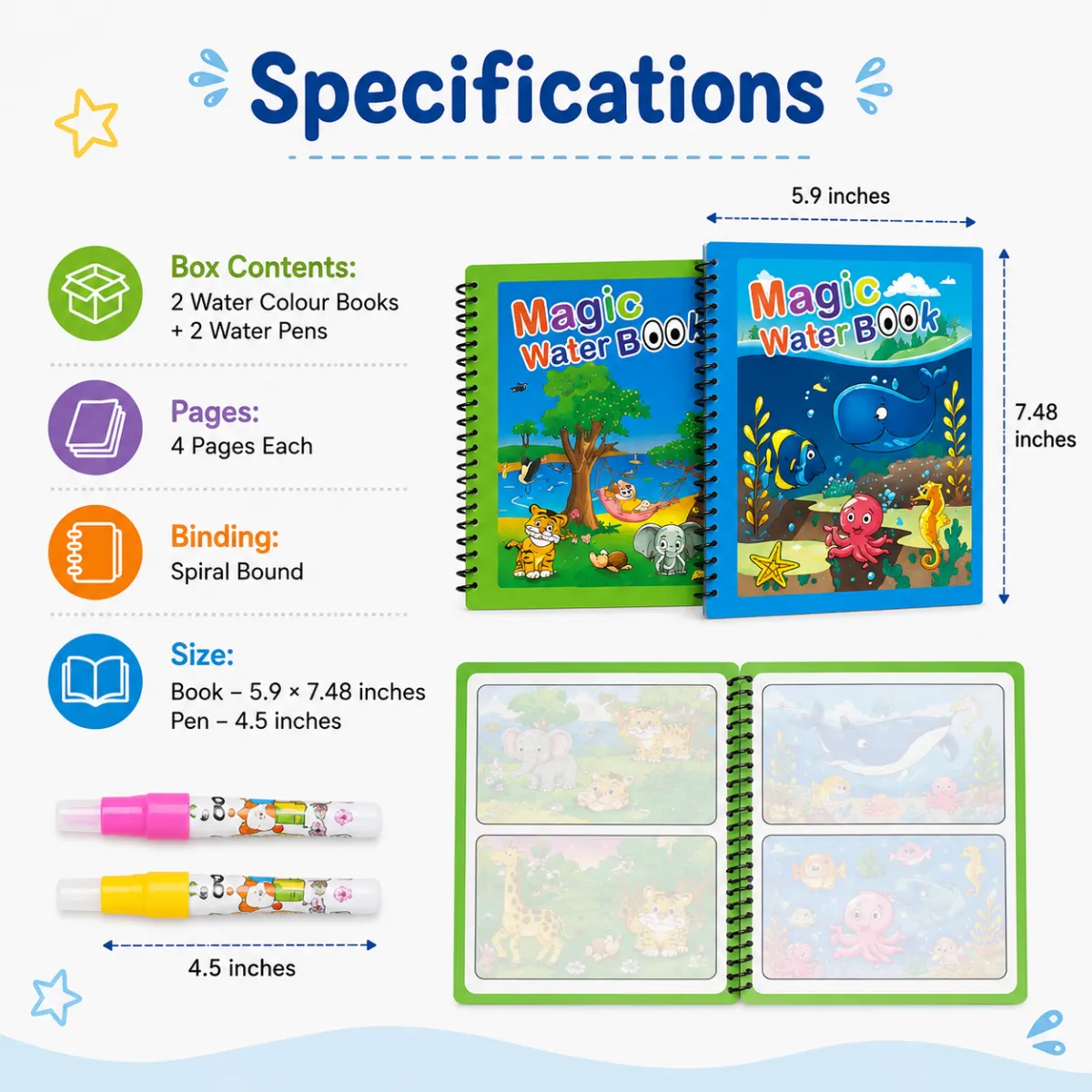 Magic Water Book specifications showing 2 books 2 water pens spiral binding and book dimensions infographic