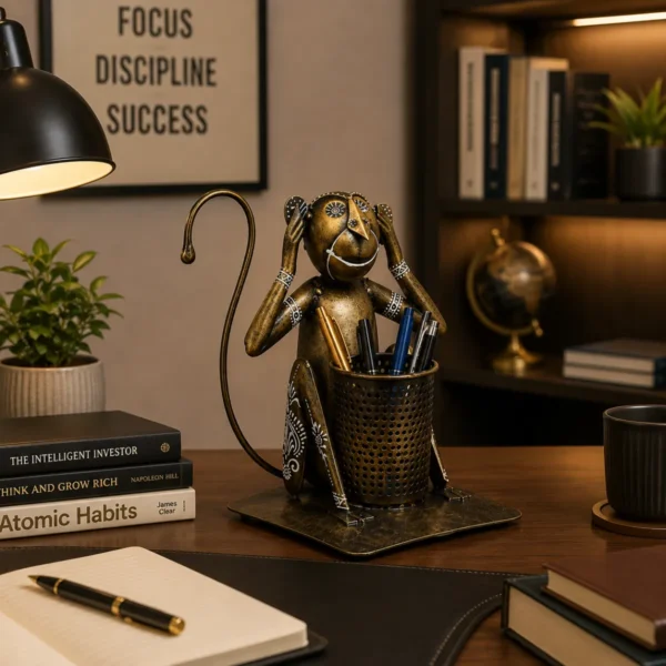 Creative monkey pen stand organizer displayed on stylish study room desk with books and stationery