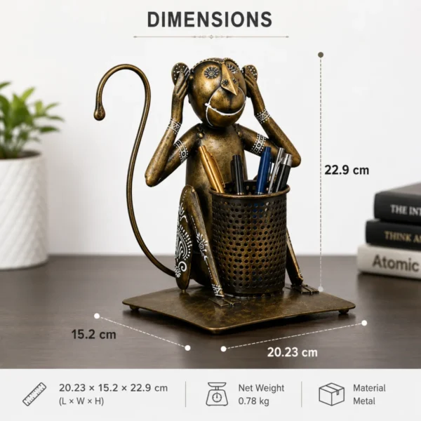 Monkey pen stand dimensions image showing 20.23 × 15.2 × 22.9 cm decorative copper desk organizer