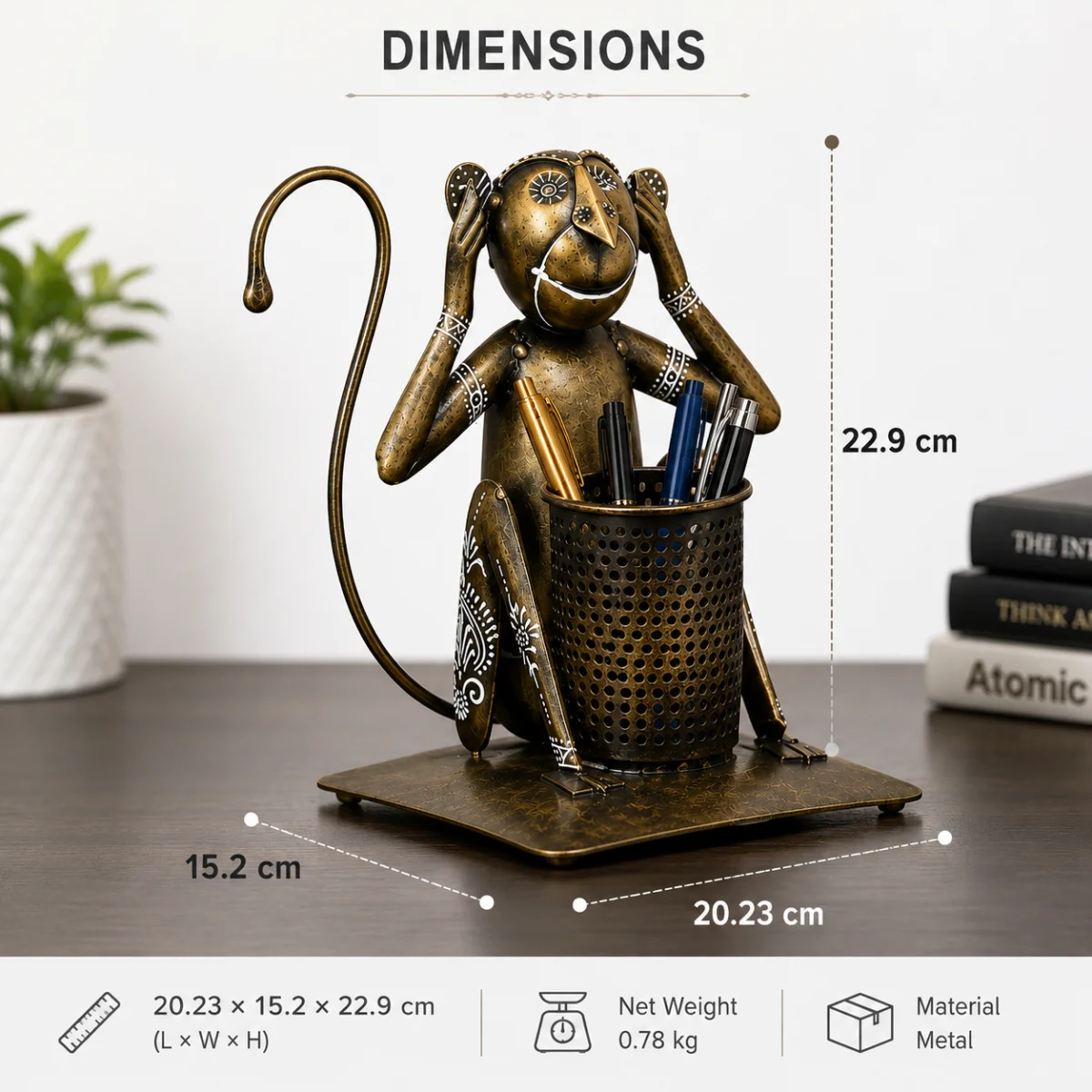 Monkey pen stand dimensions image showing 20.23 × 15.2 × 22.9 cm decorative copper desk organizer