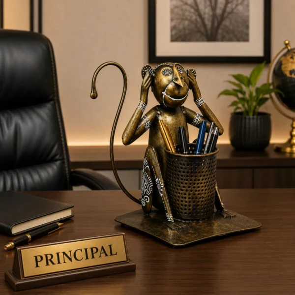 Decorative monkey pen stand made of copper placed on modern principal office desk