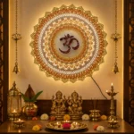 Spiritual Om circle wall hanging metal décor with warm lighting in traditional pooja room